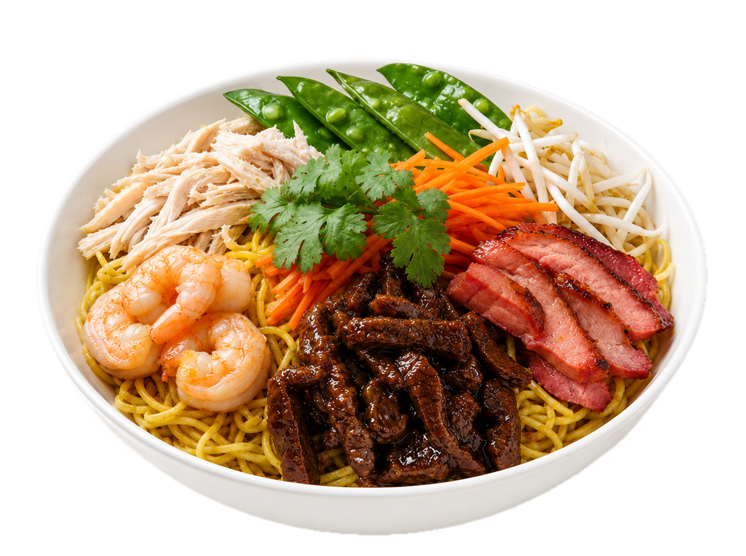 Combination noodle bowl loaded with prawns, BBQ pork, beef, chicken and fresh vegetables